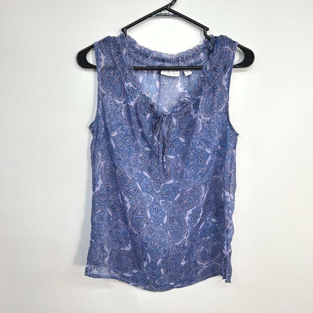 Paisley Sheer Chiffon Ethereal Blouse Small Blue‎ Tie Neck Boho Romantic Chic